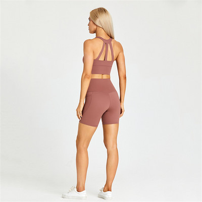 Egyszínű női sportruha, magas derekú, rövid fitneszmelltartó 2db zsebes rövid lábszárú jógakészlettel Ride Gym Workout edzés