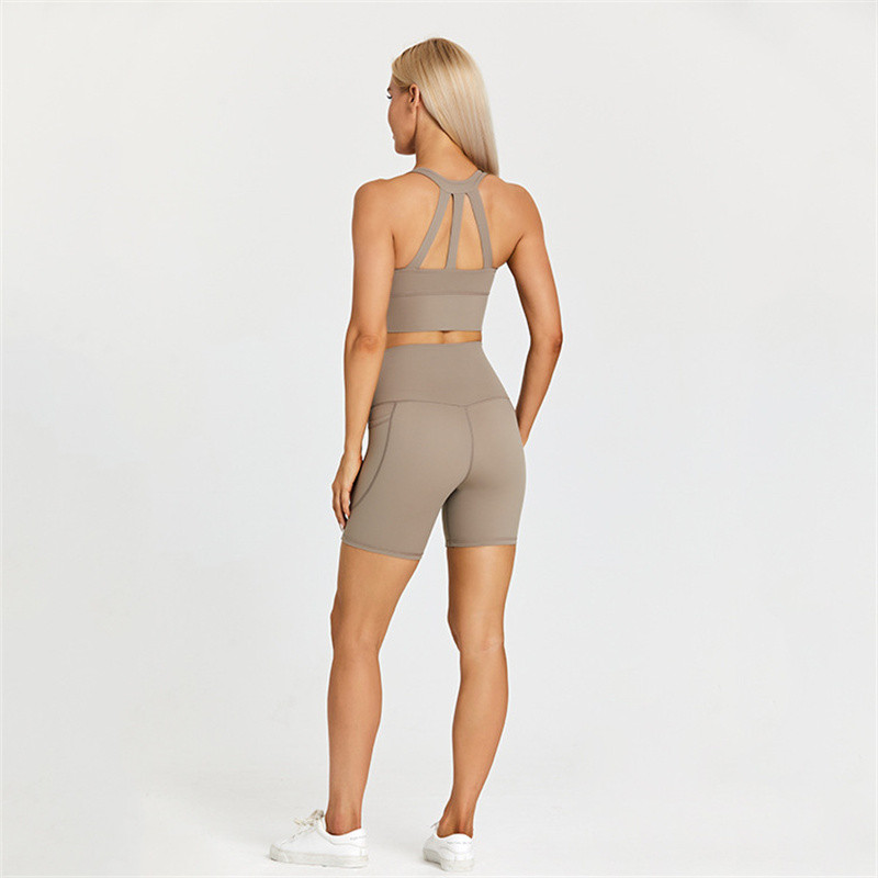 Egyszínű női sportruha, magas derekú, rövid fitneszmelltartó 2db zsebes rövid lábszárú jógakészlettel Ride Gym Workout edzés