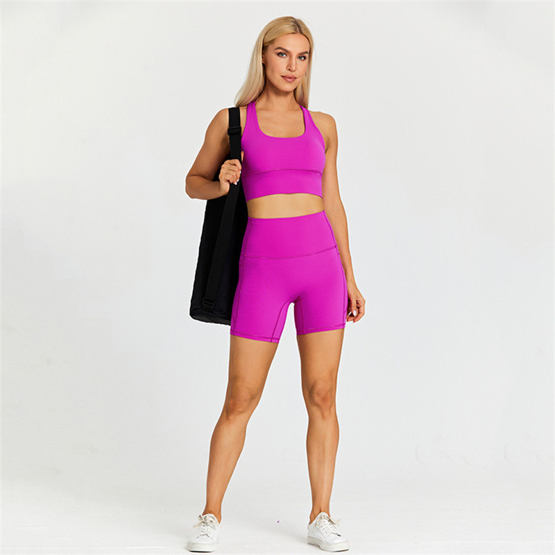 Egyszínű női sportruha, magas derekú, rövid fitneszmelltartó 2db zsebes rövid lábszárú jógakészlettel Ride Gym Workout edzés