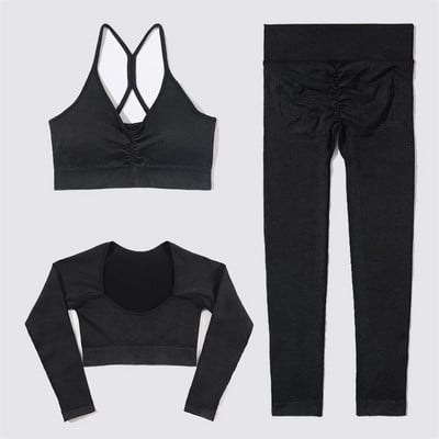 SVEIC Fitness õmblusteta joogakomplekt soonik sportrinnahoidja pesu kudumine spordirõivad säärised treeningkostüümid jõusaal Naiste riietusriided