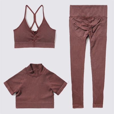 SVEIC Fitness õmblusteta joogakomplekt soonik sportrinnahoidja pesu kudumine spordirõivad säärised treeningkostüümid jõusaal Naiste riietusriided