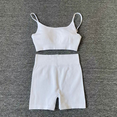 SVEIC Set pantaloni scurți de yoga pentru fitness Sutien sport Crop Top Îmbrăcăminte sport cu nervuri, fără cusături, 2 piese, îmbrăcăminte pentru antrenament, costume pentru gimnastică, ținută pentru femei, îmbrăcăminte