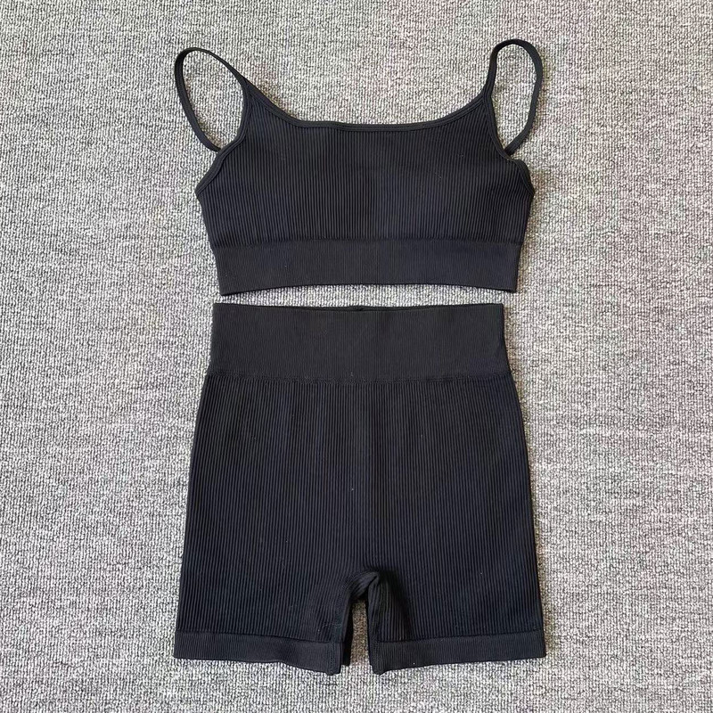 SVEIC Set pantaloni scurți de yoga pentru fitness Sutien sport Crop Top Îmbrăcăminte sport cu nervuri, fără cusături, 2 piese, îmbrăcăminte pentru antrenament, costume pentru gimnastică, ținută pentru femei, îmbrăcăminte