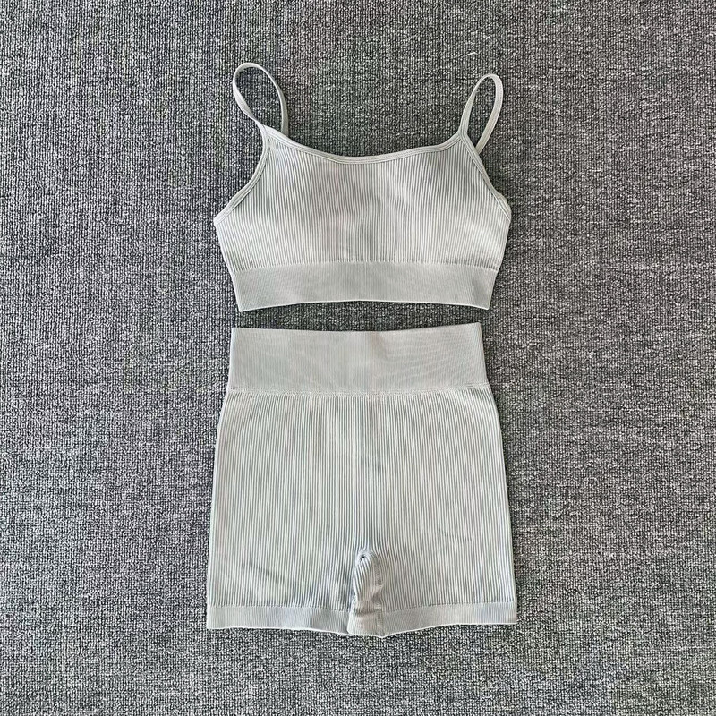 SVEIC Set pantaloni scurți de yoga pentru fitness Sutien sport Crop Top Îmbrăcăminte sport cu nervuri, fără cusături, 2 piese, îmbrăcăminte pentru antrenament, costume pentru gimnastică, ținută pentru femei, îmbrăcăminte