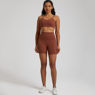 Ühevärviline pehme naiste spordiülikond kõrge vöökohaga lühikesed püksid Cross Fitness rinnahoidja 2tk Lühikesed säärised joogakomplekt Jõusaali treening Treening õõnes