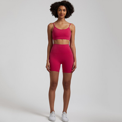Ühevärviline pehme naiste spordiülikond kõrge vöökohaga lühikesed püksid Cross Fitness rinnahoidja 2tk Lühikesed säärised joogakomplekt Jõusaali treening Treening õõnes