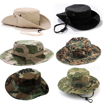 Тактически лов Boonie Hat Военен Camo Bucket Sun Cap Водоустойчив Риболов Къмпинг на открито Рибарски шапки с шнур Мъжки