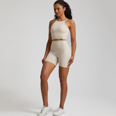 Ühevärviline pehme naiste spordiülikond kõrge vöökohaga lühikesed püksid Cross Fitness rinnahoidja, 2tk Lühikesed säärised joogakomplekt Jõusaalitreening, õõnsad