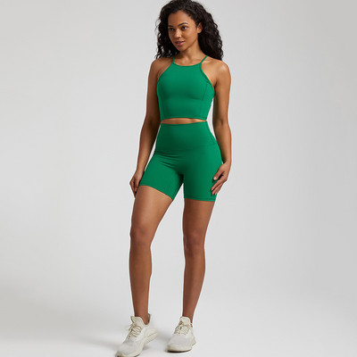 Ühevärviline pehme naiste spordiülikond kõrge vöökohaga lühikesed püksid Cross Fitness rinnahoidja, 2tk Lühikesed säärised joogakomplekt Jõusaalitreening, õõnsad