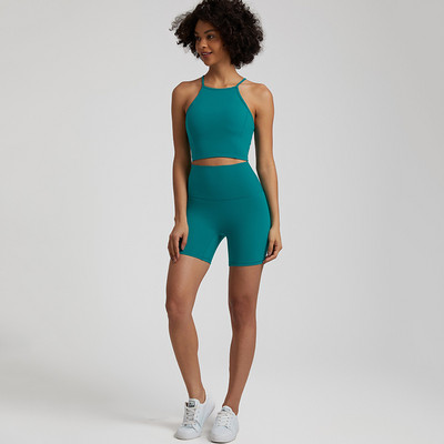 Ühevärviline pehme naiste spordiülikond kõrge vöökohaga lühikesed püksid Cross Fitness rinnahoidja, 2tk Lühikesed säärised joogakomplekt Jõusaalitreening, õõnsad