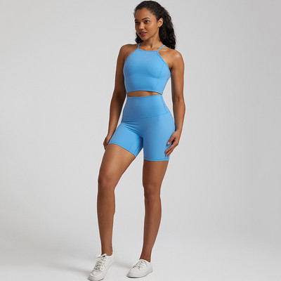 Ühevärviline pehme naiste spordiülikond kõrge vöökohaga lühikesed püksid Cross Fitness rinnahoidja, 2tk Lühikesed säärised joogakomplekt Jõusaalitreening, õõnsad