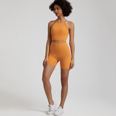 Ühevärviline pehme naiste spordiülikond kõrge vöökohaga lühikesed püksid Cross Fitness rinnahoidja, 2tk Lühikesed säärised joogakomplekt Jõusaalitreening, õõnsad