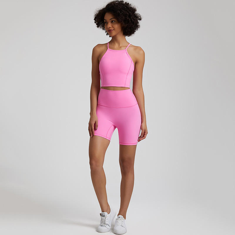 Ühevärviline pehme naiste spordiülikond kõrge vöökohaga lühikesed püksid Cross Fitness rinnahoidja, 2tk Lühikesed säärised joogakomplekt Jõusaalitreening, õõnsad