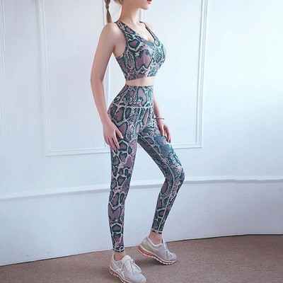 Σέξι μοτίβο φιδιού Σετ γιόγκα εκτύπωσης Γυναικείο σουτιέν Ψηλόμεσο Παντελόνι Γοφούς Φόρμα γυμναστικής χωρίς ραφή Γυναικείο σετ γιόγκα