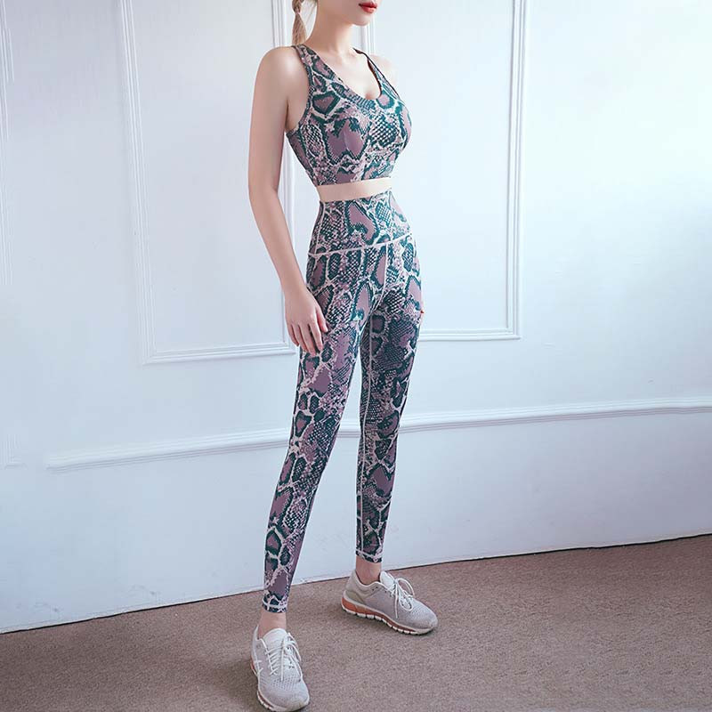 Σέξι μοτίβο φιδιού Σετ γιόγκα εκτύπωσης Γυναικείο σουτιέν Ψηλόμεσο Παντελόνι Γοφούς Φόρμα γυμναστικής χωρίς ραφή Γυναικείο σετ γιόγκα