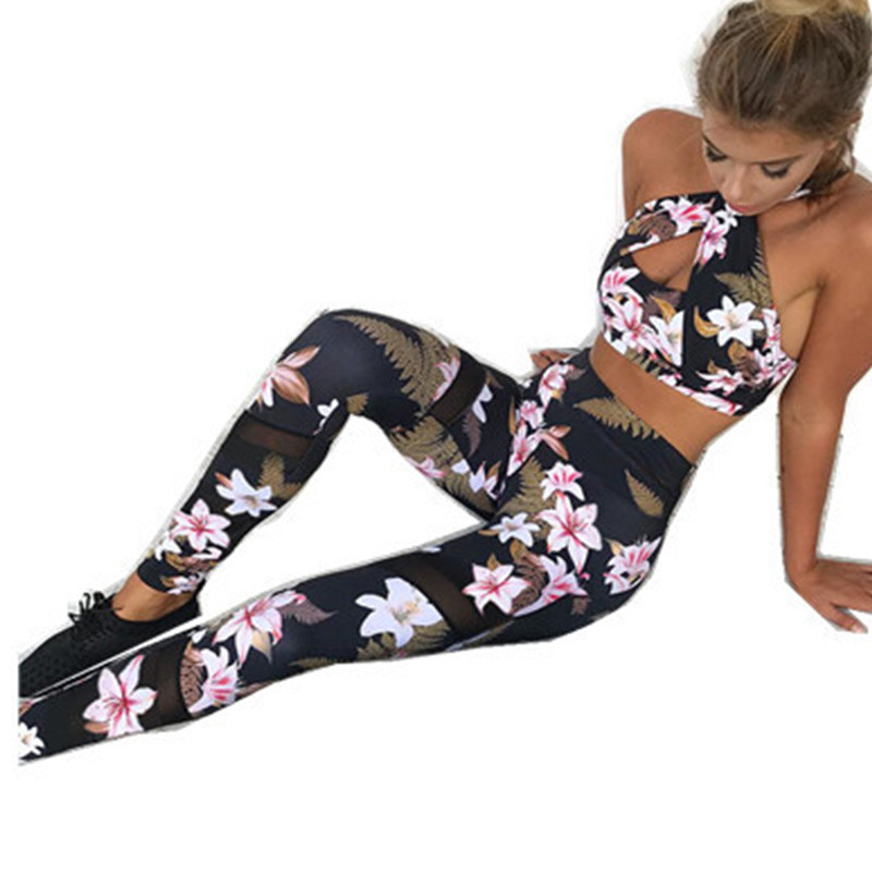 Márka tréningruha 1 vagy 2 részes jógakészlet virágmintás női melltartó+hosszú nadrág Női sportruha Fitness sportruha Női sportruházat