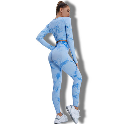 Die Dye Woman 2 τμχ Σετ Yoga GYM Αθλητικό σουτιέν/Μακρυμάνικο μπλουζάκι με κολάν με μέση στολή γυμναστικής Fashion Girls Fitness φόρμα