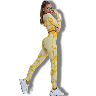 Die Dye Woman 2 τμχ Σετ Yoga GYM Αθλητικό σουτιέν/Μακρυμάνικο μπλουζάκι με κολάν με μέση στολή γυμναστικής Fashion Girls Fitness φόρμα