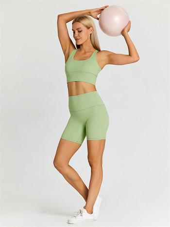Μονόχρωμο γυναικείο αθλητικό κοστούμι Ψηλόμεσο σορτς και σουτιέν γυμναστικής 2τμχ Κοντό κολάν Σετ Γιόγκα Προπόνηση γυμναστικής με μαξιλαράκι στήθους
