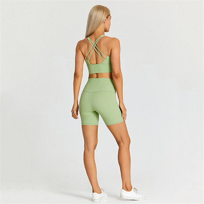 Ühevärviline naiste spordiülikond kõrge vöökohaga lühikesed püksid ja fitnessrinnahoidja 2tk lühikeste sääristega joogakomplekt jõusaalitreening koos rinnapadjaga