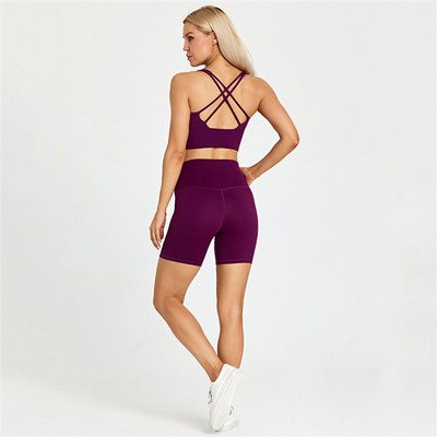 Ühevärviline naiste spordiülikond kõrge vöökohaga lühikesed püksid ja fitnessrinnahoidja 2tk lühikeste sääristega joogakomplekt jõusaalitreening koos rinnapadjaga