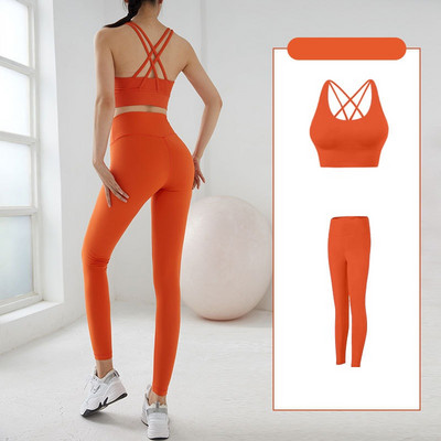 Set de yoga pentru gimnastică, fitness, culoare uni, sutien sport moale cu spate încrucișat + jambiere Costum din două piese Trening pentru femei, antrenament complet Jog