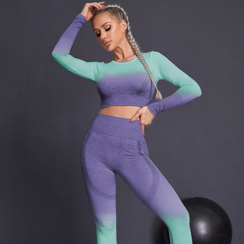 Безшевни комплекти за йога Спортни фитнес Висока талия Панталони с повдигане на бедрата Костюми с дълги ръкави Тренировъчни дрехи Комплект къси панталони за жени