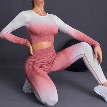 Безшевни комплекти за йога Спортни фитнес Висока талия Панталони с повдигане на бедрата Костюми с дълги ръкави Тренировъчни дрехи Комплект къси панталони за жени