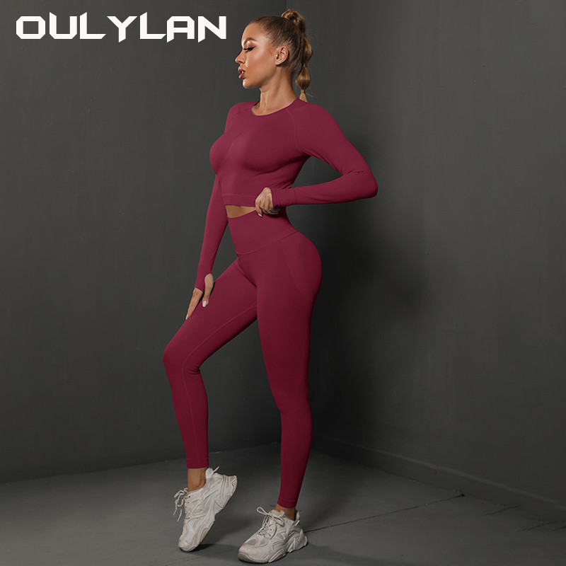 Õmblusteta joogakomplekt kõrge vöökohaga, 2 tk, naiste jõusaalikomplektid, jõusaali spordirõivad Push Up Sport treeningkomplektid pikkade varrukatega jõusaaliülikond