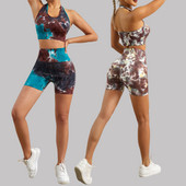 Naiste joogapükste komplekt, jõusaali, musta lipsuga värvitud gradiendiga kärbitud topp kõrge vöökohaga puusa tõstvad treeningpüksid, õmblusteta jooksukostüüm