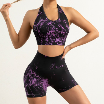 Комплект къси панталони за йога Gym Women Black Tie Dye Gradient Crop Top с висока талия Хип повдигащи фитнес панталони Спортен безшевен костюм за бягане