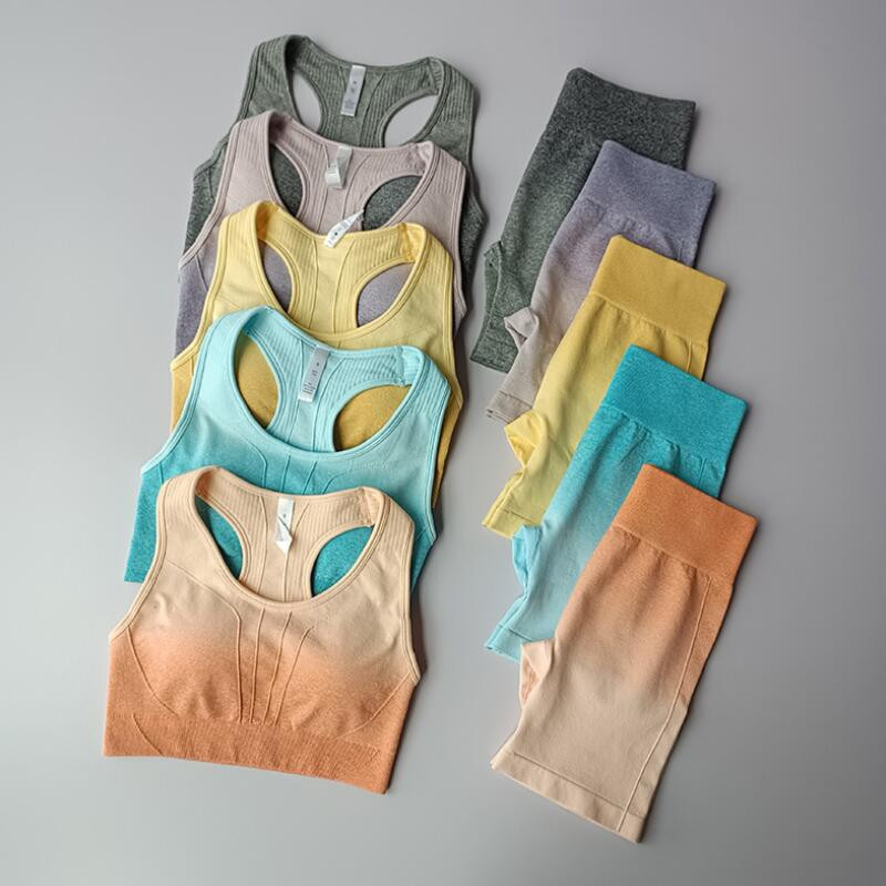 2 TK / komplekt Ombre joogakomplekt Õmblusteta Sport Lühike+Spordirinnahoidja Kärbitud Naiste Jooksvad Jõusaalirõivad Kõrge vöökohaga Treeningkostüüm Spordirõivad
