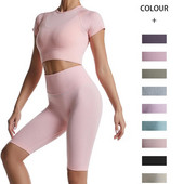 2tk/komplekt Õmblusteta joogakomplekt Naiste Kärbitud T-särk Kõrge vöökohaga lühikesed püksid Jõusaaliriided Spordiülikond Treeningriietus Spordirõivad