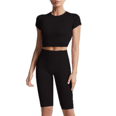 2tk/komplekt Õmblusteta joogakomplekt Naiste Kärbitud T-särk Kõrge vöökohaga lühikesed püksid Jõusaaliriided Spordiülikond Treeningriietus Spordirõivad