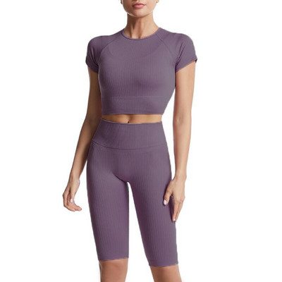 2tk/komplekt Õmblusteta joogakomplekt Naiste Kärbitud T-särk Kõrge vöökohaga lühikesed püksid Jõusaaliriided Spordiülikond Treeningriietus Spordirõivad