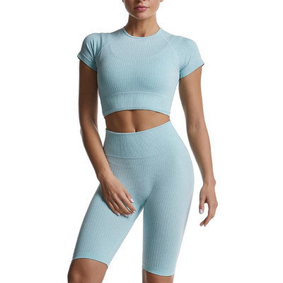 2tk/komplekt Õmblusteta joogakomplekt Naiste Kärbitud T-särk Kõrge vöökohaga lühikesed püksid Jõusaaliriided Spordiülikond Treeningriietus Spordirõivad