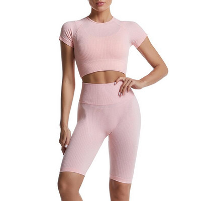 2tk/komplekt Õmblusteta joogakomplekt Naiste Kärbitud T-särk Kõrge vöökohaga lühikesed püksid Jõusaaliriided Spordiülikond Treeningriietus Spordirõivad
