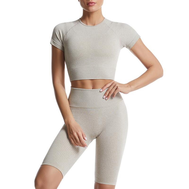 2tk/komplekt Õmblusteta joogakomplekt Naiste Kärbitud T-särk Kõrge vöökohaga lühikesed püksid Jõusaaliriided Spordiülikond Treeningriietus Spordirõivad