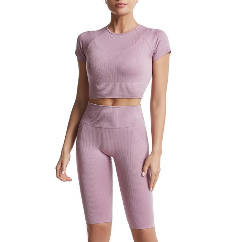 2tk/komplekt Õmblusteta joogakomplekt Naiste Kärbitud T-särk Kõrge vöökohaga lühikesed püksid Jõusaaliriided Spordiülikond Treeningriietus Spordirõivad