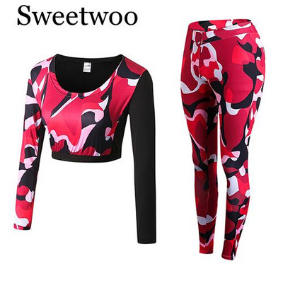 Jogas komplekts Sievietei sporta apģērbs Fitnesa sporta tērps Treniņtērps Sieviešu maskēšanās saspiests Jogas legingi Treniņa apģērbi Sporta apģērbi