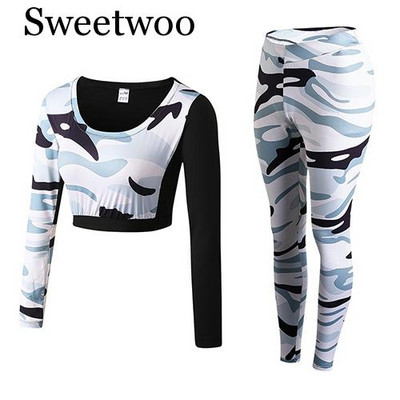 Jogas komplekts Sievietei sporta apģērbs Fitnesa sporta tērps Treniņtērps Sieviešu maskēšanās saspiests Jogas legingi Treniņa apģērbi Sporta apģērbi