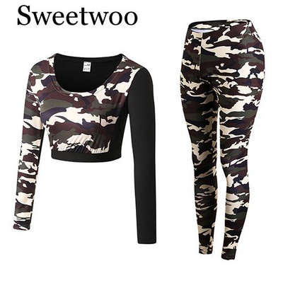 Jogas komplekts Sievietei sporta apģērbs Fitnesa sporta tērps Treniņtērps Sieviešu maskēšanās saspiests Jogas legingi Treniņa apģērbi Sporta apģērbi