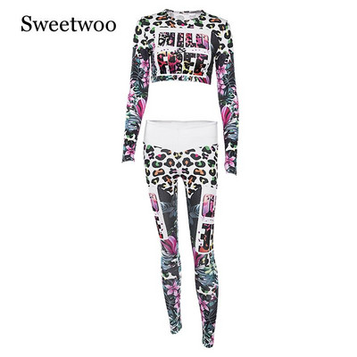 SWEETWOOD Ολόσωμο μακρυμάνικο κοστούμι γιόγκα Ρούχα γυμναστικής για γυναίκες Μόδα στάμπα Αθλητικά κολάν σουτιέν Σετ γιόγκα Σετ γυμναστικής