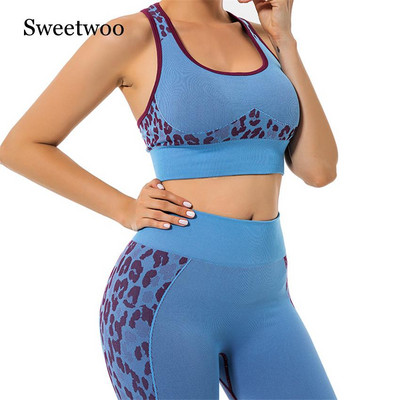 Leopard Gym Push Up jóga szett Fitness tréningruha női sportruha kocogó edző futókészlet varrat nélküli melltartó+legging jóga szett