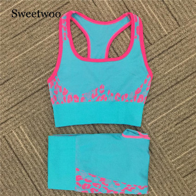 Leopardi jõusaali Push Up joogakomplekt Fitness-Treeningkostüüm Naiste Spordiülikond sörkimine Treening Jooksukomplekt Õmblusteta rinnahoidja+säärtega joogakomplekt