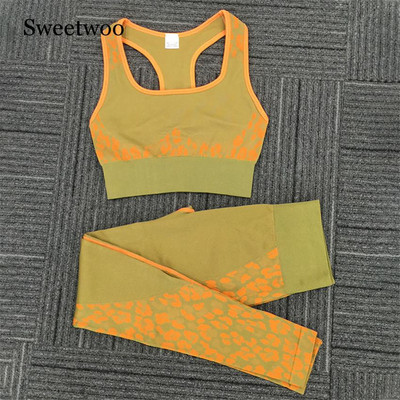Leopardi jõusaali Push Up joogakomplekt Fitness-Treeningkostüüm Naiste Spordiülikond sörkimine Treening Jooksukomplekt Õmblusteta rinnahoidja+säärtega joogakomplekt