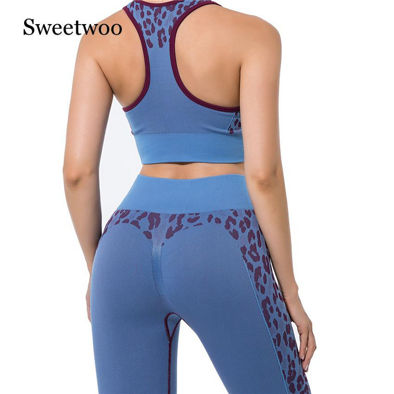 Leopardi jõusaali Push Up joogakomplekt Fitness-Treeningkostüüm Naiste Spordiülikond sörkimine Treening Jooksukomplekt Õmblusteta rinnahoidja+säärtega joogakomplekt