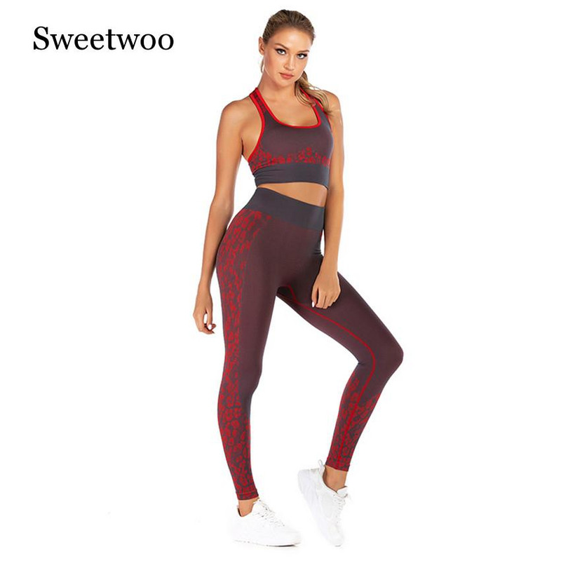 Leopardi jõusaali Push Up joogakomplekt Fitness-Treeningkostüüm Naiste Spordiülikond sörkimine Treening Jooksukomplekt Õmblusteta rinnahoidja+säärtega joogakomplekt