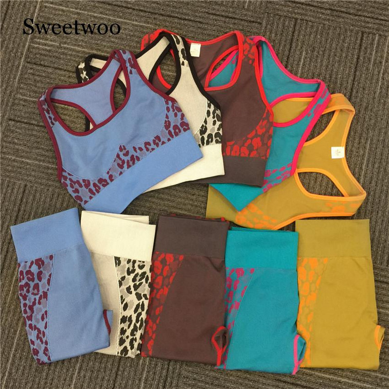 Leopardi jõusaali Push Up joogakomplekt Fitness-Treeningkostüüm Naiste Spordiülikond sörkimine Treening Jooksukomplekt Õmblusteta rinnahoidja+säärtega joogakomplekt