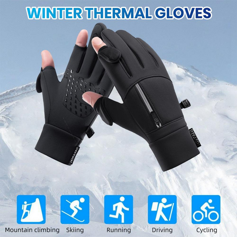 Sniega cimdi Ziemas riteņbraukšanas cimdi ar berzes daļiņām plaukstas skārienekrāns atstarojošs rāvējslēdzējs kabatas unisex, mīksti, sabiezināti, silti